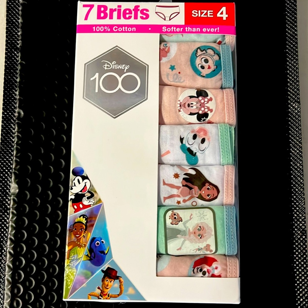 “Disney 100” Size 4 kids Cotton Briefs Underwear Pack of 7 Minnie Elsa